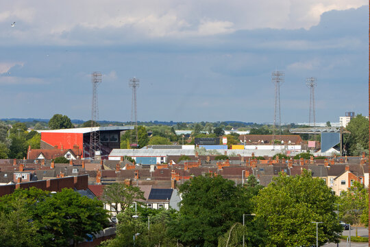 Aerial view of the skyline of Swindon with 'County Ground' football stadium