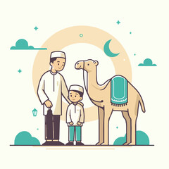 Eid Al Adha Illustrations. Muslims Prepare Livestock to Be Sacrificed. People Celebrate Eid Al Adha