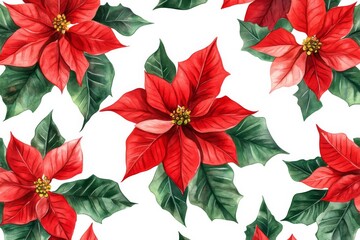 A seamless pattern of red poinsettia flowers with green leaves.