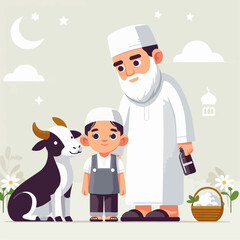 Eid Al Adha Illustrations. Muslims Prepare Livestock to Be Sacrificed. People Celebrate Eid Al Adha