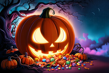 Jack's pumpkin lantern with sweets. An illustration for Halloween.