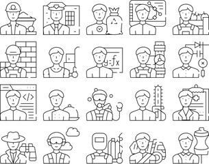 Male Occupation Job Collection Icons Set Vector. Miner And Policeman, Volunteer And Designer, Farmer And Builder, Mover And Plumber Occupation Black Contour Illustrations