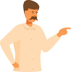 Fototapeta premium Man with a mustache is pointing with his finger to the side while looking serious
