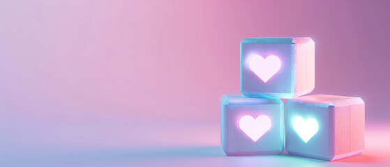 a cubes with blunt edges and a glowing love icon on each block, pastel colors, minimalistic design