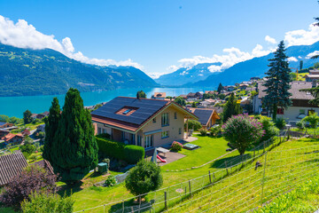 Switzerland at summer, Swiss town with a large lake in the background