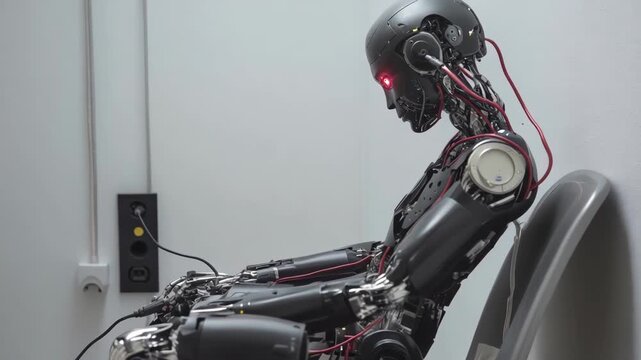 White robot sitting on chair, plugged into wall socket in empty room