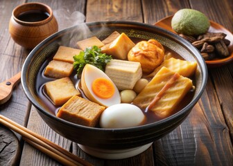 Traditional Japanese oden stew served with steaming hot sake, featuring boiled eggs, crispy fried tofu, konjac, daikon radish, and savory fish cakes in a rich broth.