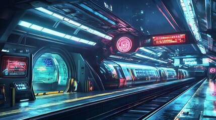 Fototapeta premium A neon-lit futuristic train station, with advanced transportation and holographic signs --ar 16:9