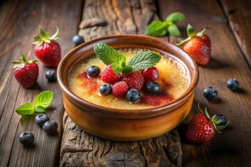 Rich creamy creme brulee topped with caramelized sugar, fresh mixed berries, and a sprig of mint, served in a elegant bowl on a rustic wooden table.