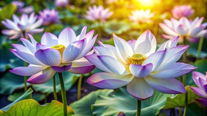 Obraz premium Exquisite white and purple lotus flowers bloom amidst serene gardens, their delicate petals and golden centers radiating elegance and tranquility in a natural setting.