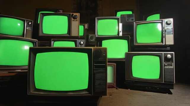 Vintage televisions with green screens in a dark room