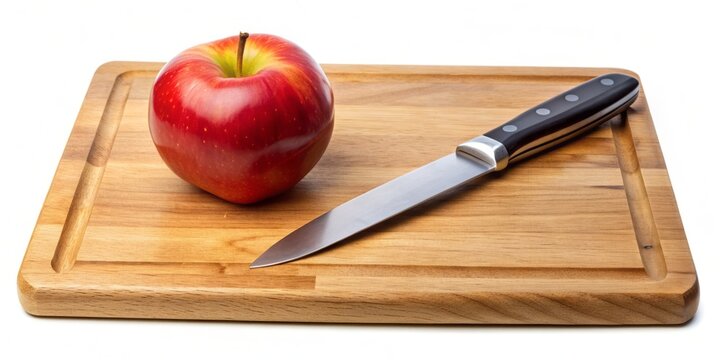 It is a photo of chopping board with cut red apple and knife on white background. It's isolated view of wooden cutting board with red apple. The black knife and apple slices are on kitchen board. - Powered by Adobe
