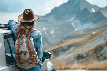 Woman in a hat with a backpack on her back leaned on the door of a car in the mountains outdoors