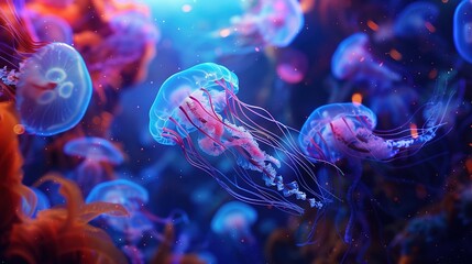 Beautiful jellyfish, medusa in the neon light with the fishes. Aquarium with blue jellyfish and lots of fish. Making an aquarium with corrals and ocean wildlife. Underwater life in ocean jellyfish.