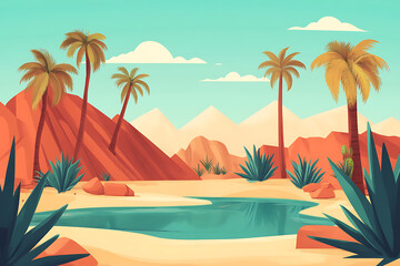 Obraz premium Illustration of a tranquil desert oasis featuring palm trees, a water body, red rocky mountains, and clear blue skies.