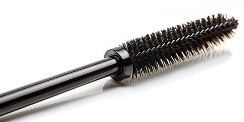 Isolated macro shot of a black mascara wand with bristles extended, resting on a clean white background, awaiting application for a flawless eyelash look.