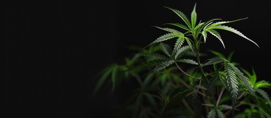 Close up image of a cannabis plant on a black background showcasing hemp and marijuana leaves growing for THC CBD herbs food and medicine with copy space image