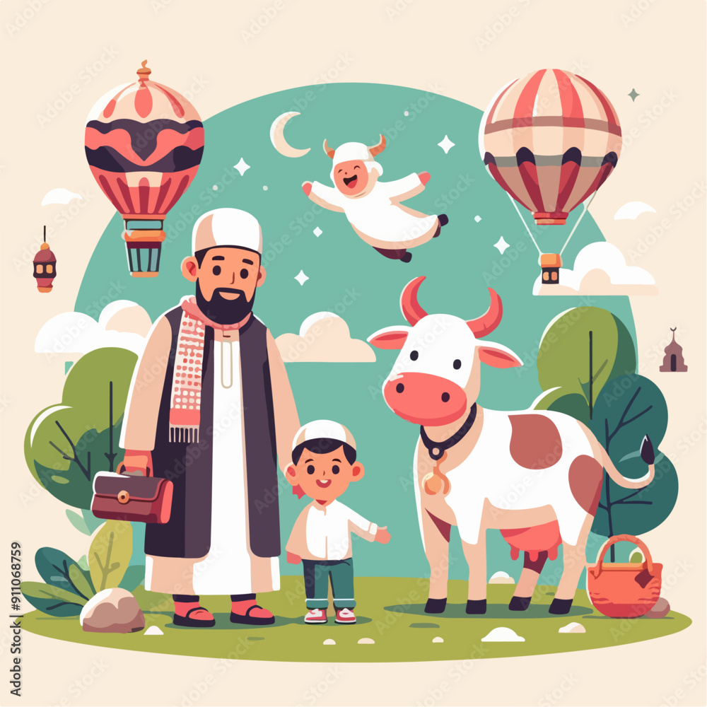 Poster Eid Al Adha Illustrations. Muslims Prepare Livestock to Be Sacrificed. People Celebrate Eid Al Adha