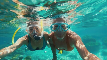 Naklejka premium Two friends snorkel together, exploring vibrant marine life in clear tropical waters