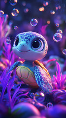 3D illustration of a turtle swimming in the water with bubbles. 3D cartoon style, vibrant, fantasy, magical atmosphere of an underwater scene