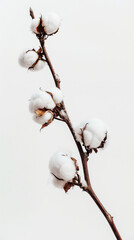 Aesthetic cotton balls on a branch, copy space, white background, plant template. Generative AI