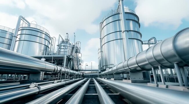 Industrial scene featuring large metal storage tanks and extensive pipelines under a bright blue sky with scattered clouds. The setting is likely a refinery or processing plant.