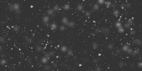 Vector falling snow overlay. Realistic shining snowfall background. Shining snowflakes on black background.