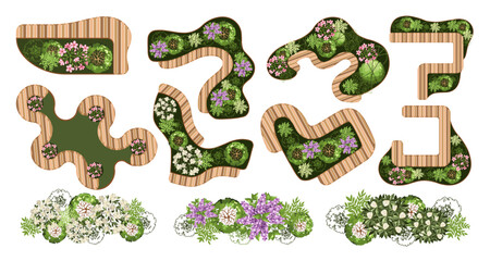 Trees and benches for architectural floor plans. Entourage design. Elements for the landscape design plan. Various floral trees, bushes, and shrubs. Vector illustration.