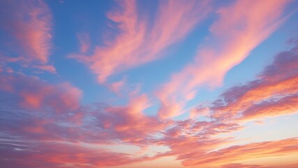 Obraz premium Closeup of vibrant hues in sunset sky with wispy clouds
