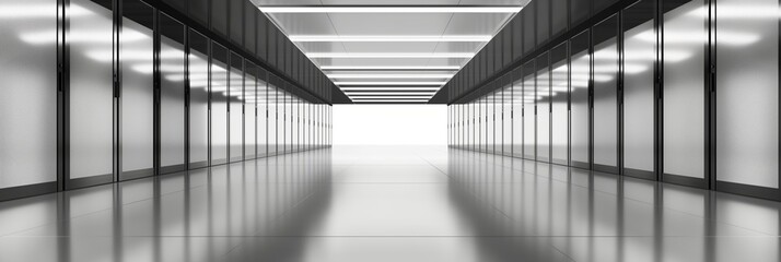 Fototapeta premium A symmetrical hallway showcasing sleek, reflective surfaces and bright lighting, emphasizing modernity, sophistication, and technological feel.