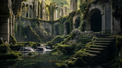 Long exposure captures waterfall among ancient castle ruins