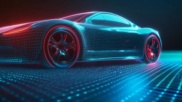 Futuristic car rendered with digital wireframe technology
