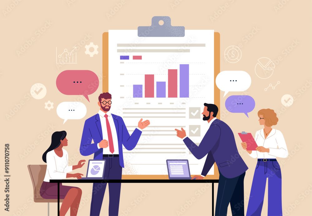 Aufkleber Business Analysis Concept. Vector illustration in a flat style of a group of diverse people discussing a document with graphs and reports. Isolated on background.