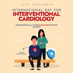 International Day for Interventional Cardiology. 16 Sept Interventional cardiology day banner, post with man sitting pointing towards his heart. The day honor the first successful coronary angioplasty