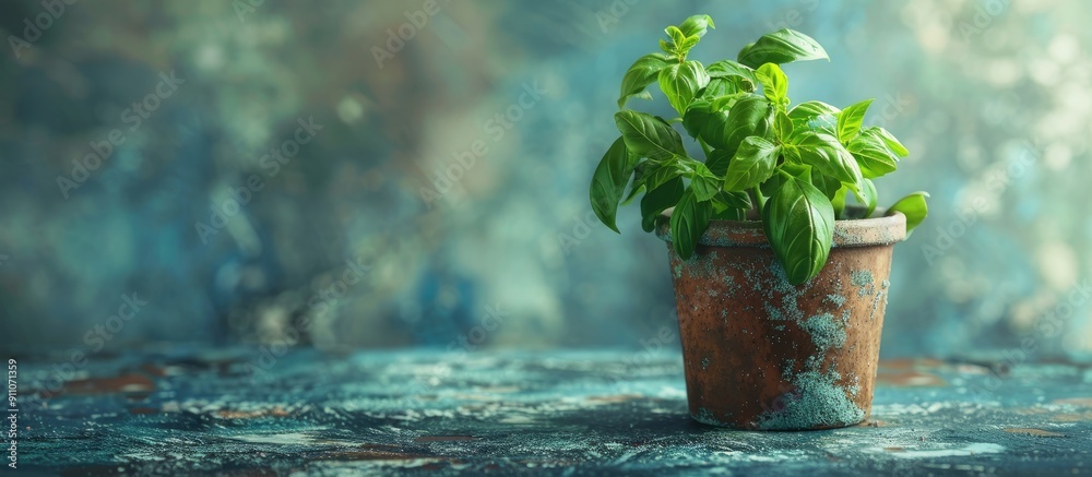 Canvas Prints Copy space image featuring a potted basil plant with fresh organic leaves on a textured surface symbolizing vegan home gardening and food growing in kitchens