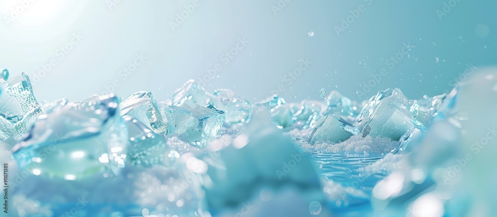 Wall mural copy space image of clear ice blocks on a soft blue backdrop