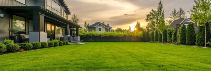 A scenic backyard with a vast green lawn, surrounded by trees and neighboring houses, epitomizing tranquility and suburban family living.