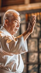 A seasoned martial artist showcases precise techniques in a tranquil dojo, emphasizing skill and discipline