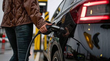 Obraz premium A woman charges her electric car on an electric charger using modern charging methods