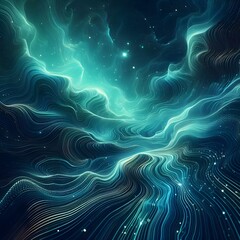 Cosmic waves, abstract background, teal and green gradient, glowing ripples texture, poster design