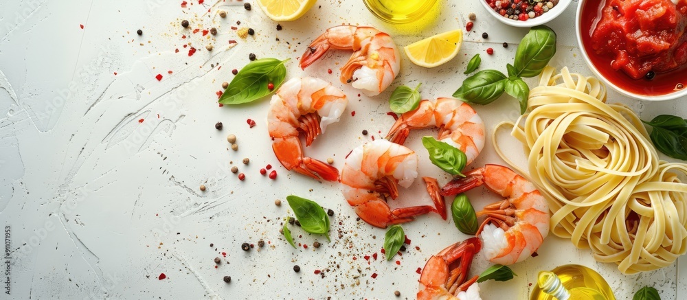 Sticker Flat lay arrangement of shrimp pasta basil tomato sauce lemons oil and pepper on white textured background allowing for copy space image