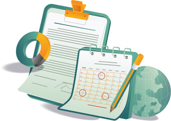 A clipboard, pen, and paper with a globe on top, symbolizing global communication and planning