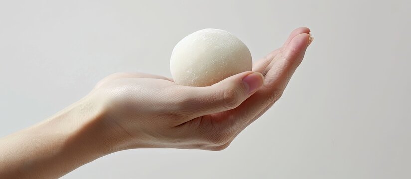Isolated hand holding a mochi or moci wijen with copy space image available