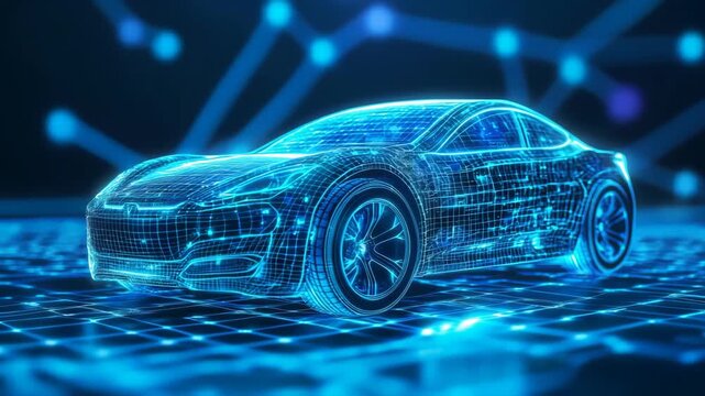 Futuristic car rendered with digital wireframe technology