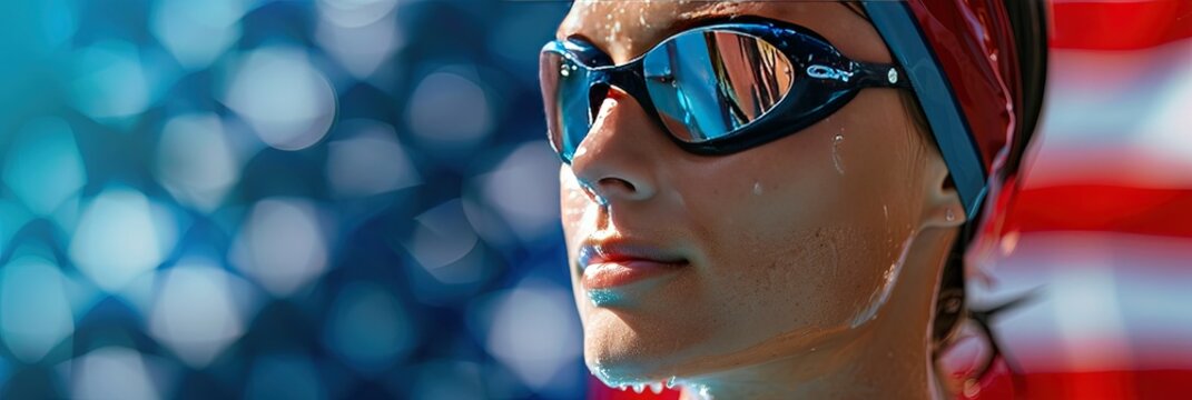 Patriotic Female swimmer, american flag background,