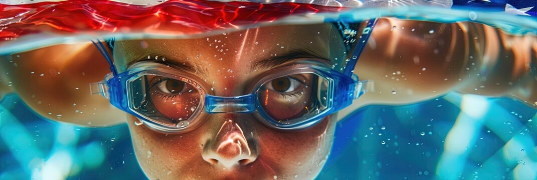 Patriotic Female swimmer, american flag background, - Powered by Adobe