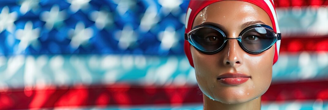Patriotic Female swimmer, american flag background,