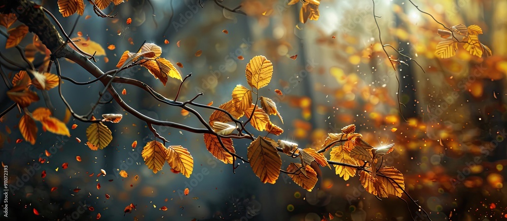 Wall mural autumnal foliage on a tree branch in the woods with a serene atmosphere and copy space image
