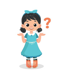 cute girl show confused curious expression with question mark vector cartoon illustration flat design
