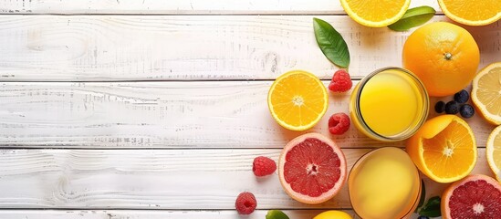 Fresh fruits and orange juice placed attractively on a white wooden table with space for text in a flat lay copy space image